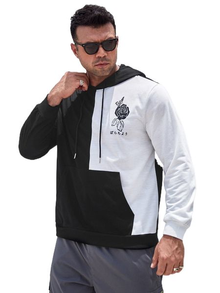 

extended sizes men two tone floral and japanese character graphic kangaroo pocket drawstring hoodie u09r#, Black