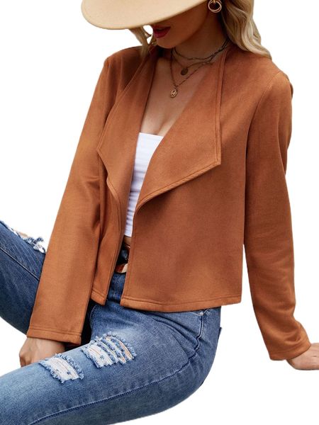 

waterfall collar open front suede jacket o9xr#, Black;brown