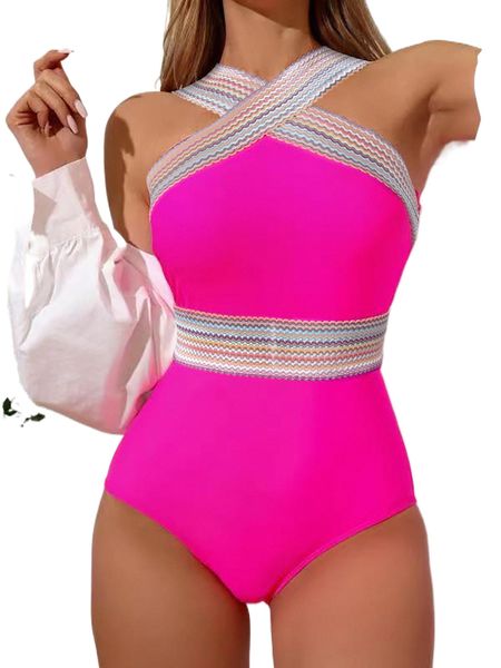 

striped tape criss cross front one piece swimsuit d1ju#, White;black