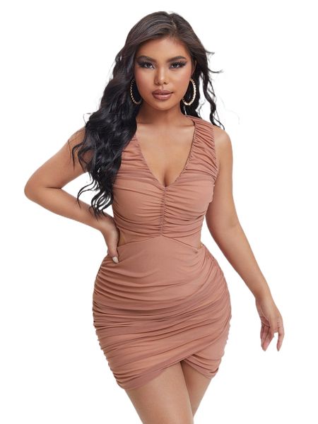 

plunging neck ruched cut out mesh dress n19k#, Black;gray