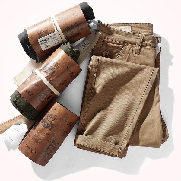 

autumn american retro heavyweight chino woven tooling pants men's fashion twill washed old casual straight tapered trousers cx220401, Black