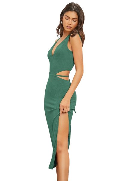 

split thigh cut out waist tie back dress z15f#, Black;gray
