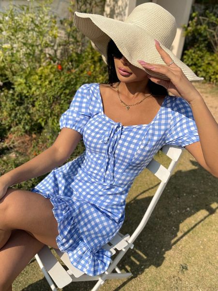 

scoop neck gingham print ruffle hem dress h17j#, Black;gray