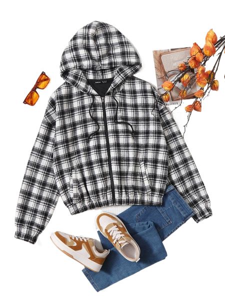 

plaid print drop shoulder drawstring hooded jacket y4qm#, Black;brown