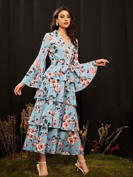 

floral print shawl collar belted layered ruffle hem dress g2xi#, Black;gray