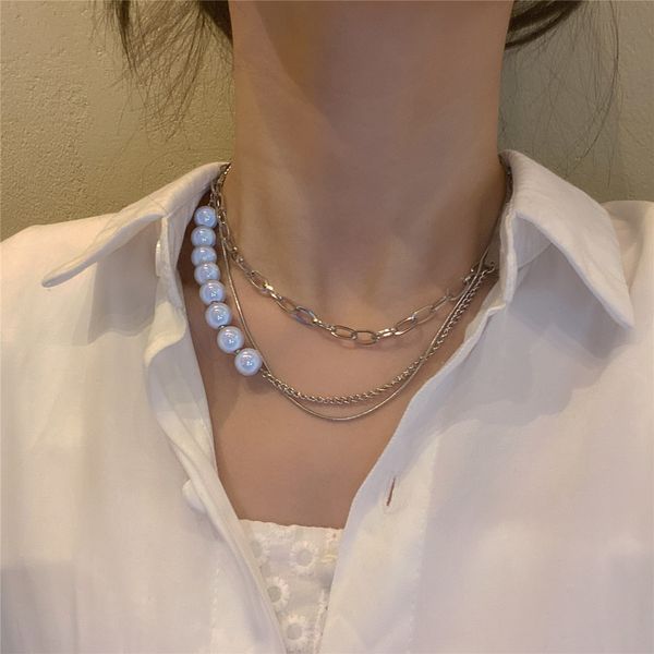 

luminous bead necklace design simple temperament multi-layer personality women's sweater chain bone, Silver