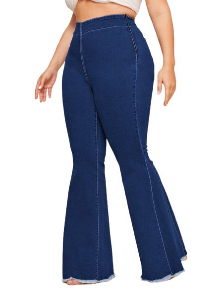 

premium plus high waisted raw hem flare leg jeans without chain belt a8jp#, Blue