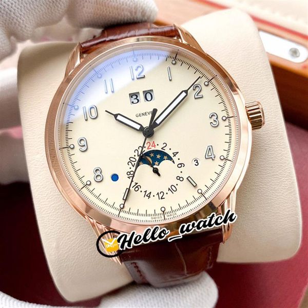 

new 5396r-012 grand complications calendar automatic mens watch rose gold case white dial moon phase watches brown leather hwpp he279m, Slivery;brown
