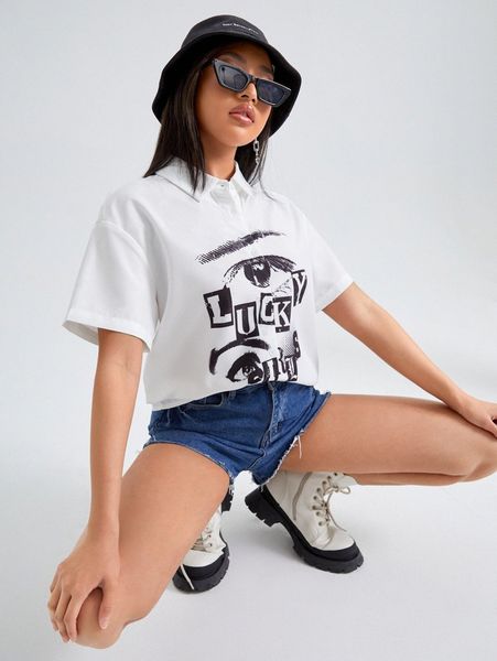 

letter & figure graphic drop shoulder blouse k1kc#, White