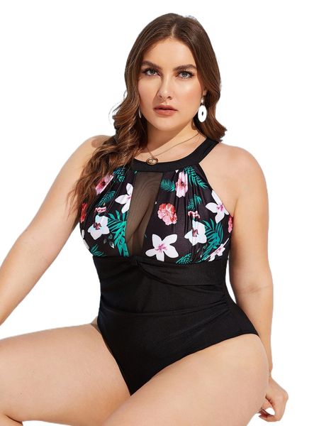 

plus floral contrast mesh one piece swimsuit 59gb#, White;black