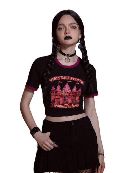 

romwe x kmintern dark academia letter graphic ringer crop tee u8f3#, White