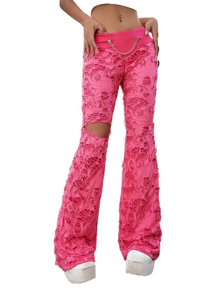 

chain detail waist ripped flare leg pants y1ig#, Black;white