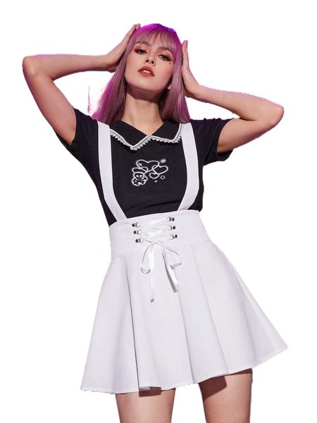 

romwe lace up pinafore skirt 35ss#, Black