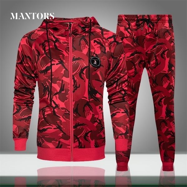 

men casual tracksuit autumn sets sweatshirts camopants 2 piece men's sportswear hooded sporting suit camouflage zipper 201128, Gray