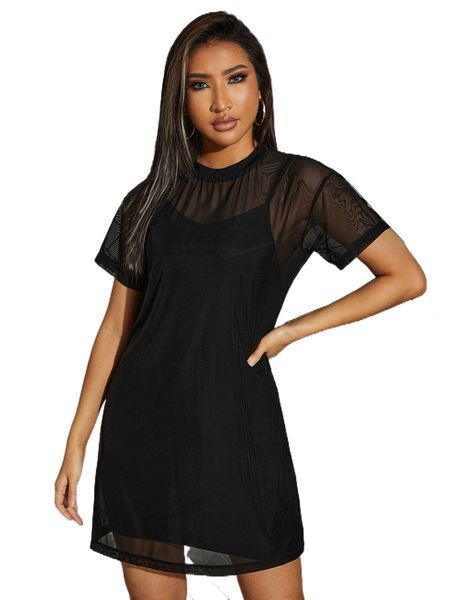 

mock neck mesh dress with cami t0ig#, Black;gray