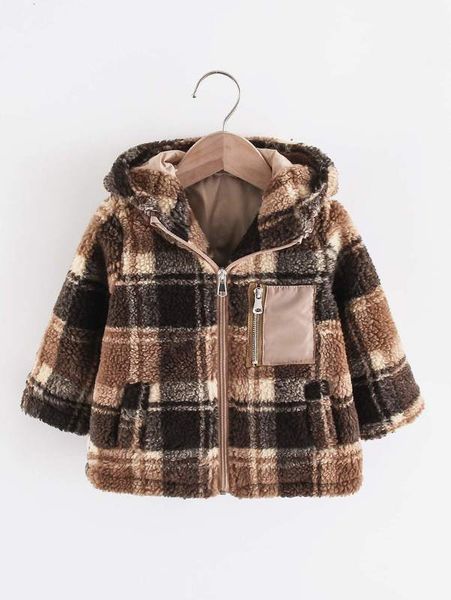

toddler boys plaid pattern zip pocket hooded teddy coat she, Blue;gray
