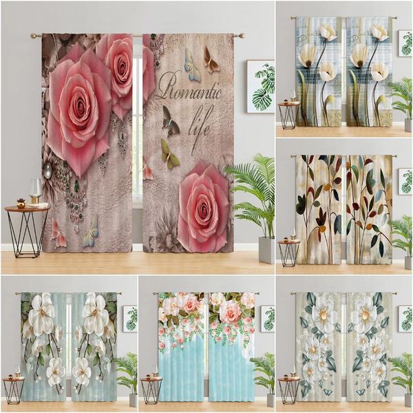 Cortina Cortina Buquê Lindas Flores Folhas Borboleta Decoração Floral Impressão Digital 3D Quarto Sala Cortinas de Janela 2 Painel