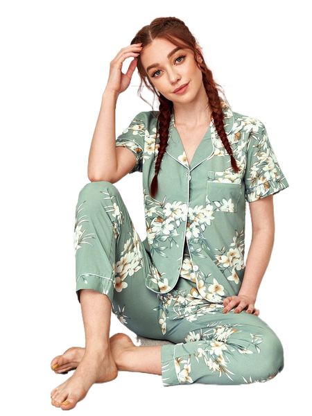 

floral print contrast piping night set h9q0#, Black;red