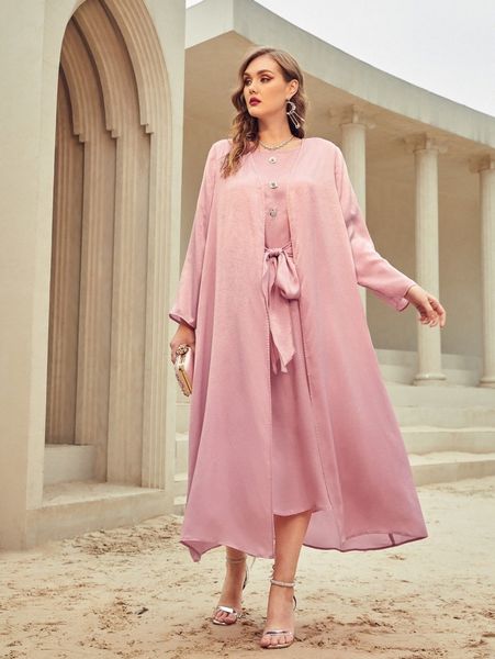 

plus open front coat & appliques knot front dress n3hj#, Black