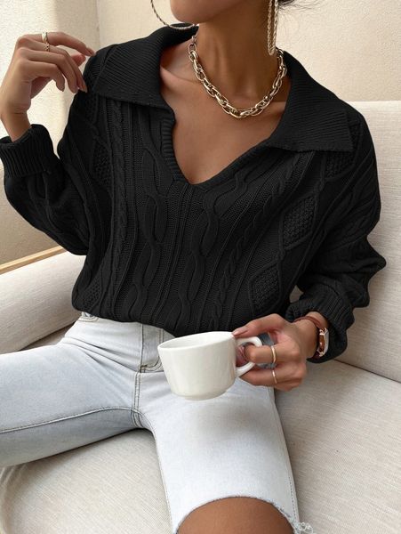 

v-neck collared cable knit sweater i1gt#, White;black
