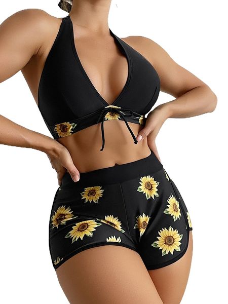 

sunflower print halter shorts bikini swimsuit x2a7#, White;black