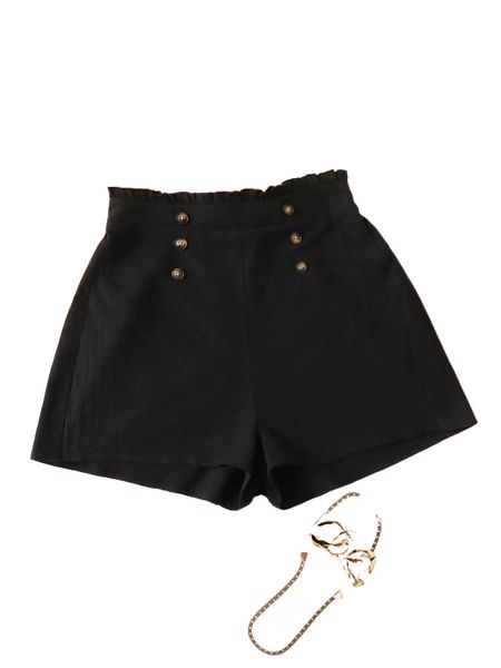 

frill trim button front shorts j8x6#, White;black