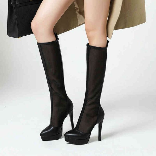 

feminina boots bota de salto alto fino e plataforma, sapatos altos no joelho couro artificial, botas longas com fecho traseiro malha 08tt, Black