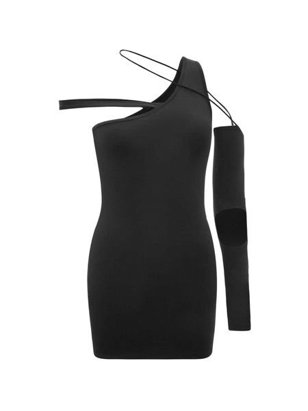 

asymmetrical neck bodycon dress & thumb hole arm sleeve h5i7#, Black;gray