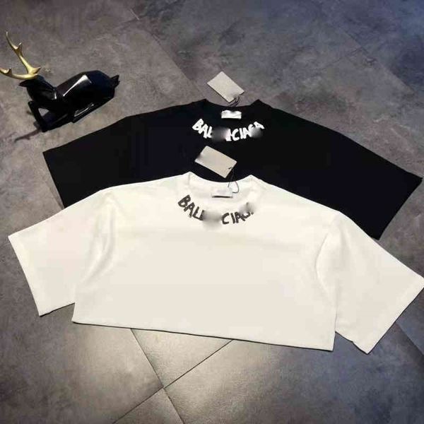 

paris designer t-shirts balencaigass qingdao jimo brand t-shirt bajia hand-painted graffiti neckline letter loose short sleeved shirt, White;black