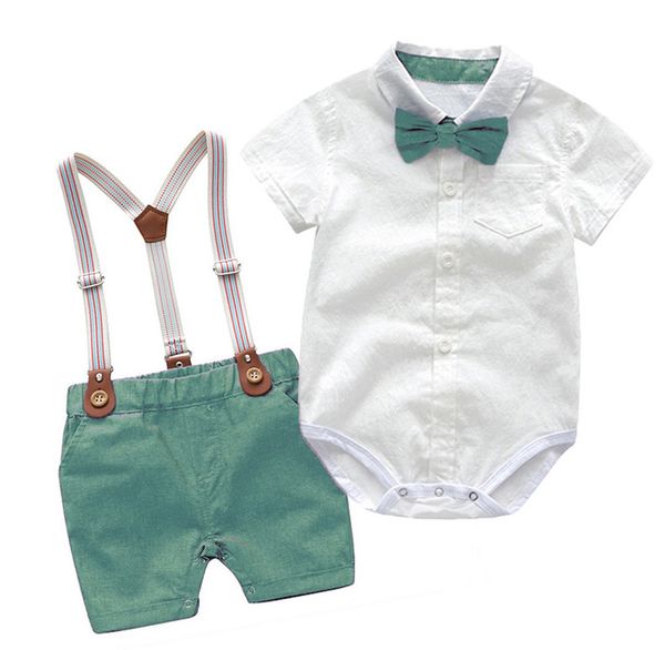

baby boys clothes sets summer bows tie lapel short sleeve jumpsuits stripe suspender shorts 2pcs newborn kids 1st birthday party outfits q74, White