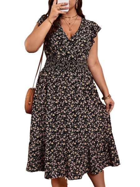 

plus ditsy floral shirred waist dress y4lx#, Black