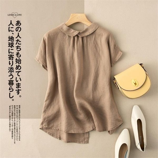

summer fashion women short sleeve loose shirts all-matched casual peter pan collar cotton linen blouse plus size m156 210326, White