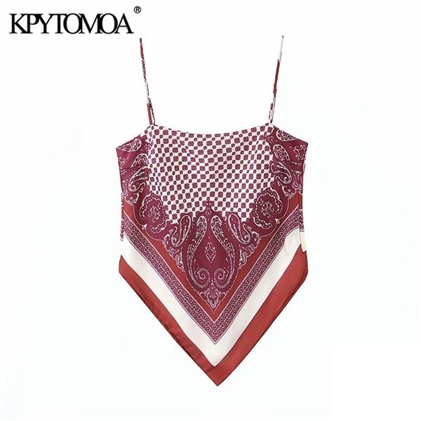 

kpytomoa women 2020 fashion printed backless bow tie camis tank vintage spaghetti strap summer female shirts chic lj200818, White