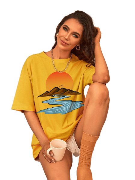 

sunset and mountain print drop shoulder tee w0z8#, White