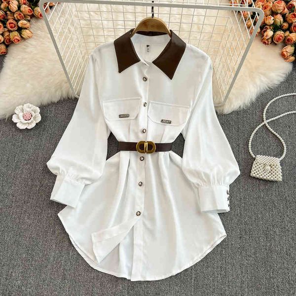 

women's blouses shirts 2022 spring french temperament medium long waist shirt skirt polo collar sleeve loose thin teq8, White