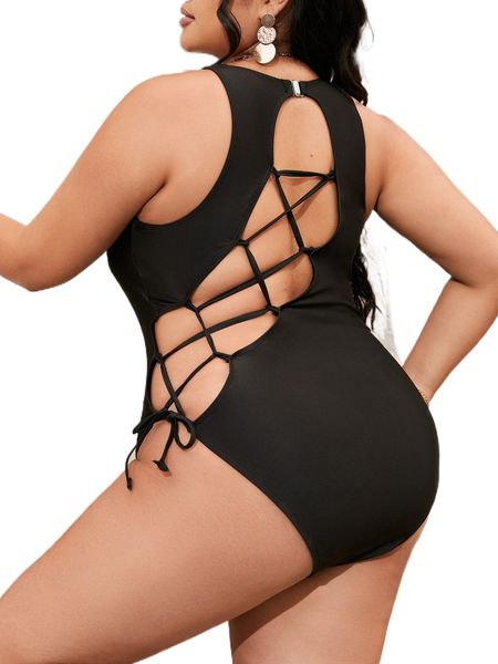 

plus lace up back one piece swimsuit z1te#, White;black