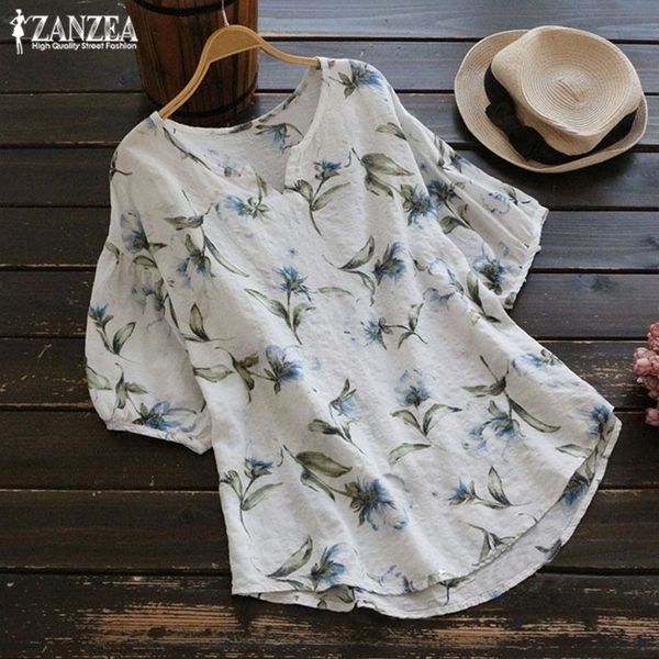 

plus size zanzea summer womens blouse female tunic vintage short leeve casual blusa vintage printed tee shirt y200402, White