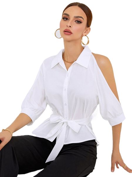 

c.ut o.ut asymmetrical hem b.elted b.louse 00jh#, White