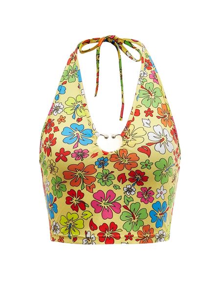 

f.loral p.rint heart-ring detail tie b.ackless h.alter h4cl#, White