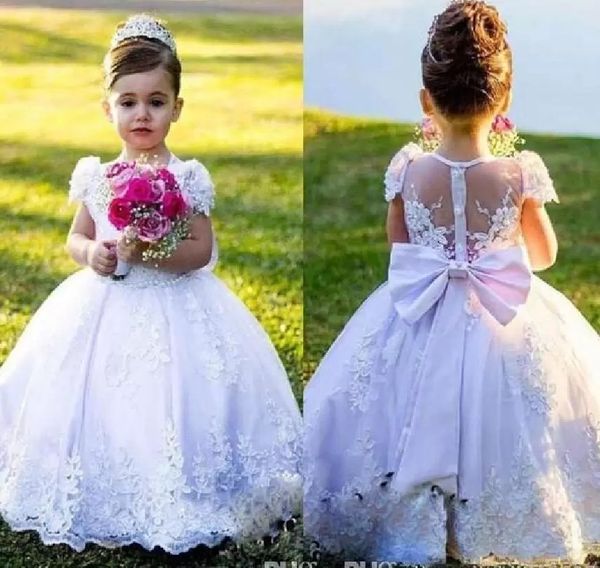 

2022 country flower girl dresses bow back white ivory ball gown jewel cap sleeves floor length girls pageant dress with lace applique gowns, White;blue