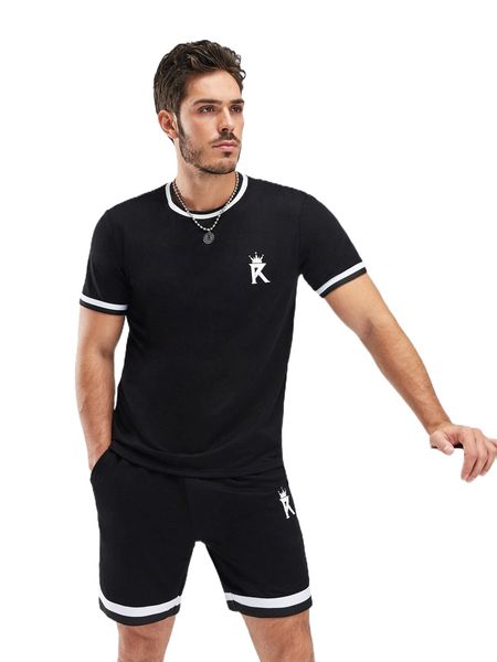 

men crown & letter graphic striped trim tee & drawstring waist shorts n1kl#, Gray