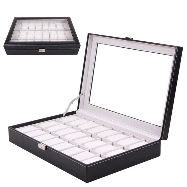 Uhrenboxen, Displaybox, 24 Gitter, Armbanduhr, Aufbewahrungskoffer, Organizer, klassischer Halter, Schaumstoffpolster, Kissen, transparentes Glas, schwarzes Leder