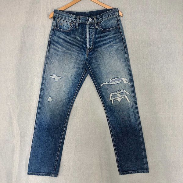 

men's jeans rrl washed straight barrel red ear jeans uc85 damaged kapital patch fog style gooheavens, Blue