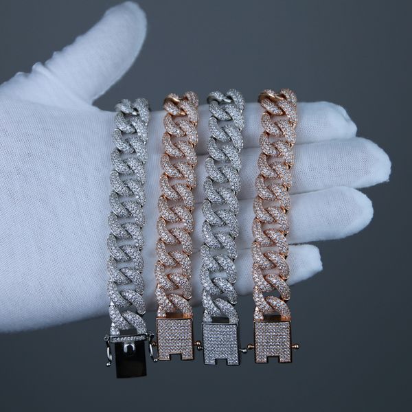 

15mm bling cz cuban link chain bracelets for men iced out full cubic zirconia paved luxury jewelry, Golden;silver
