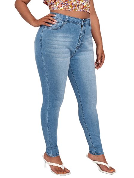 

plus high waist moustache effect skinny jeans t58l#, Blue