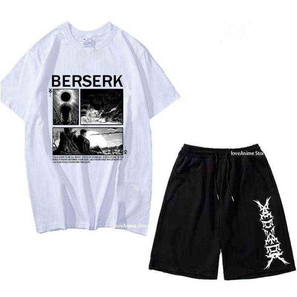 

men's tracksuits anime berserk tracksuit men t-shirts shorts casual harajuku oversized t-shirt sets mens clothingmen's, Gray