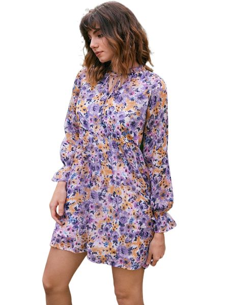 

tie neck allover floral print ruffle hem dress 98zl#, Black;gray