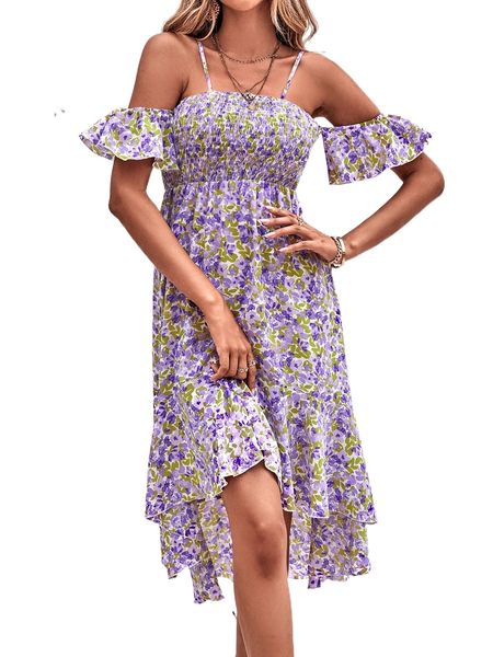 

allover floral print cold shoulder shirred ruffle hem dress c4wv#, Black;gray