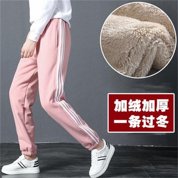 

women gym sweatpants workout fleece trousers solid thick warm winter female sport pants running pantalones mujer y200418, Black;white