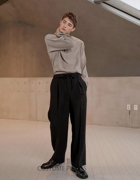 

men's pants men's casual capris flared wide leg loose dark, Black